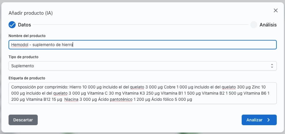 Añadir alimentos y suplementos con IA